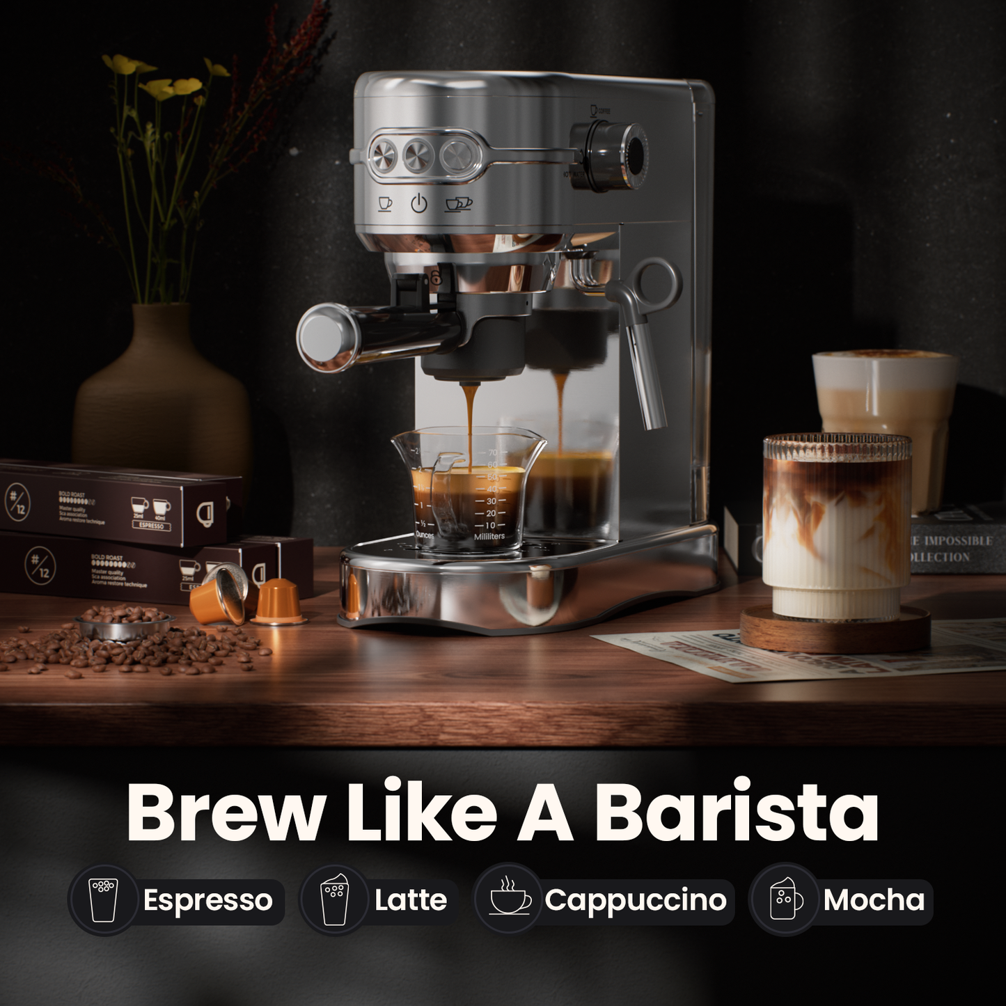 JZ.CAFE 20Bar Coffee Maker for NS Original Pods with Foaming Steam Wand