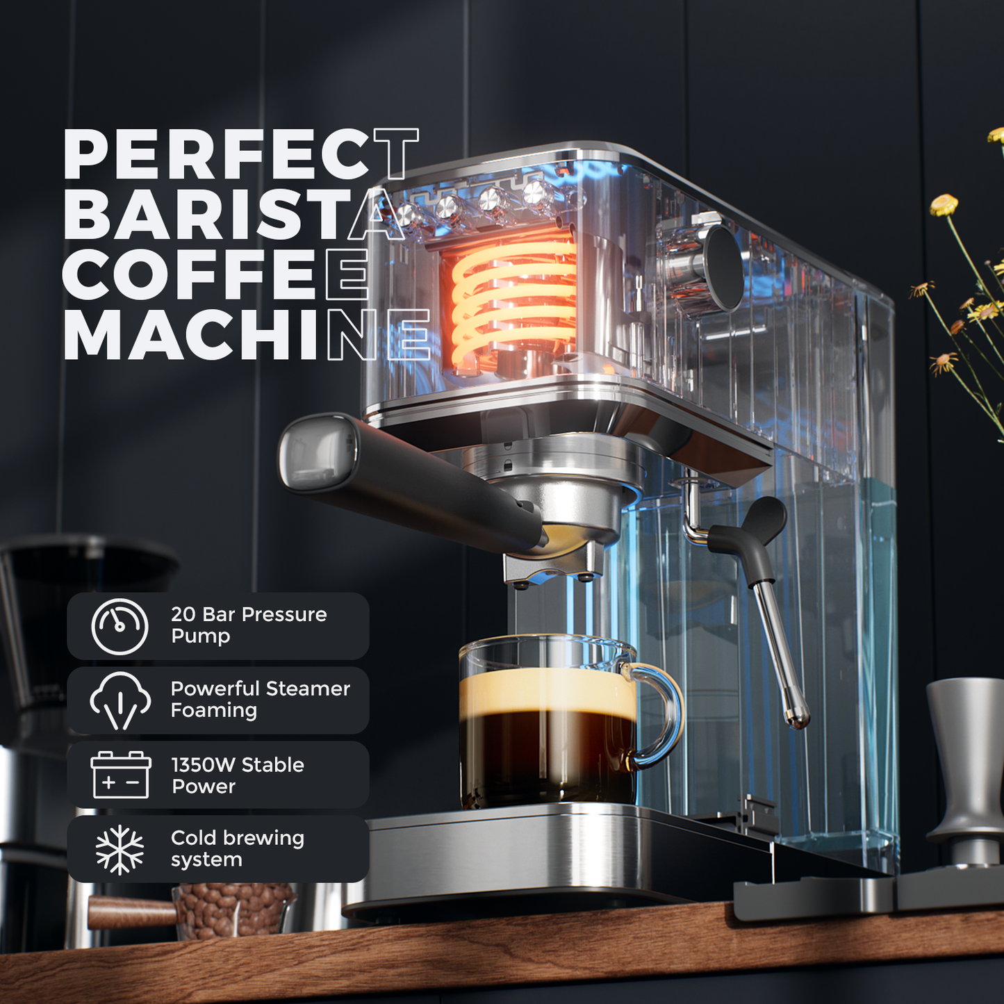 JZ.CAFE Espresso Machine for Hot and Cold Brew with 1350W Milk Frother Steam Wand