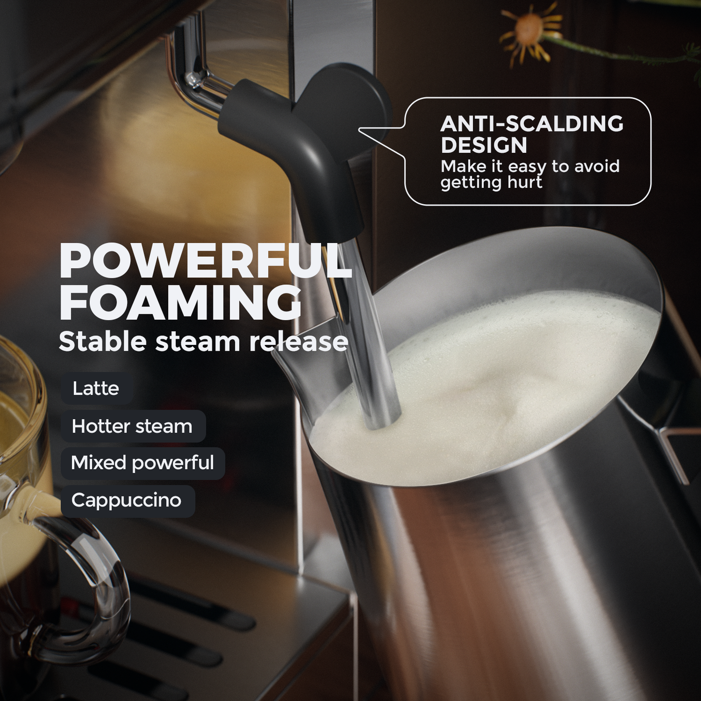 JZ.CAFE Espresso Machine for Hot and Cold Brew with 1350W Milk Frother Steam Wand