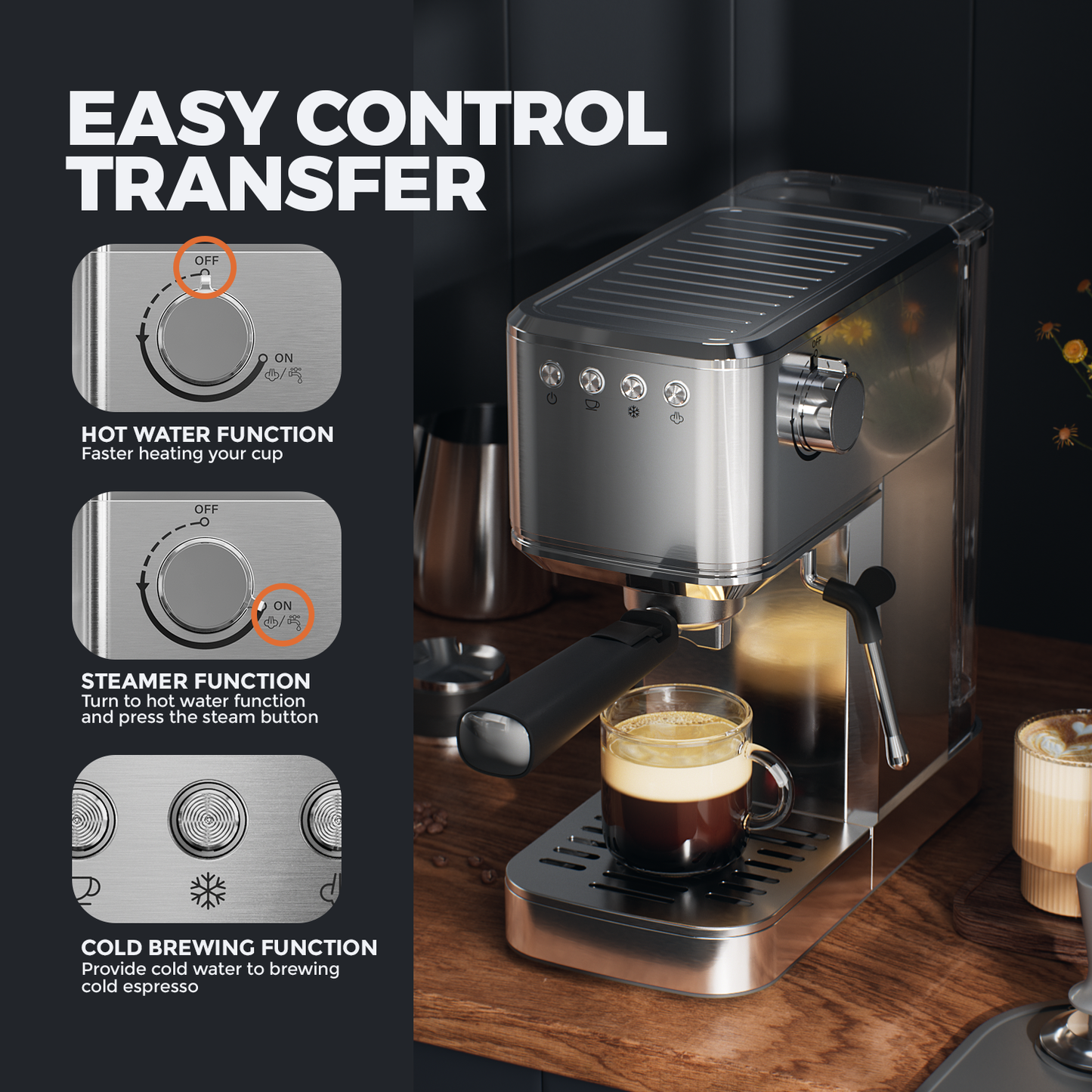 JZ.CAFE Espresso Machine for Hot and Cold Brew with 1350W Milk Frother Steam Wand