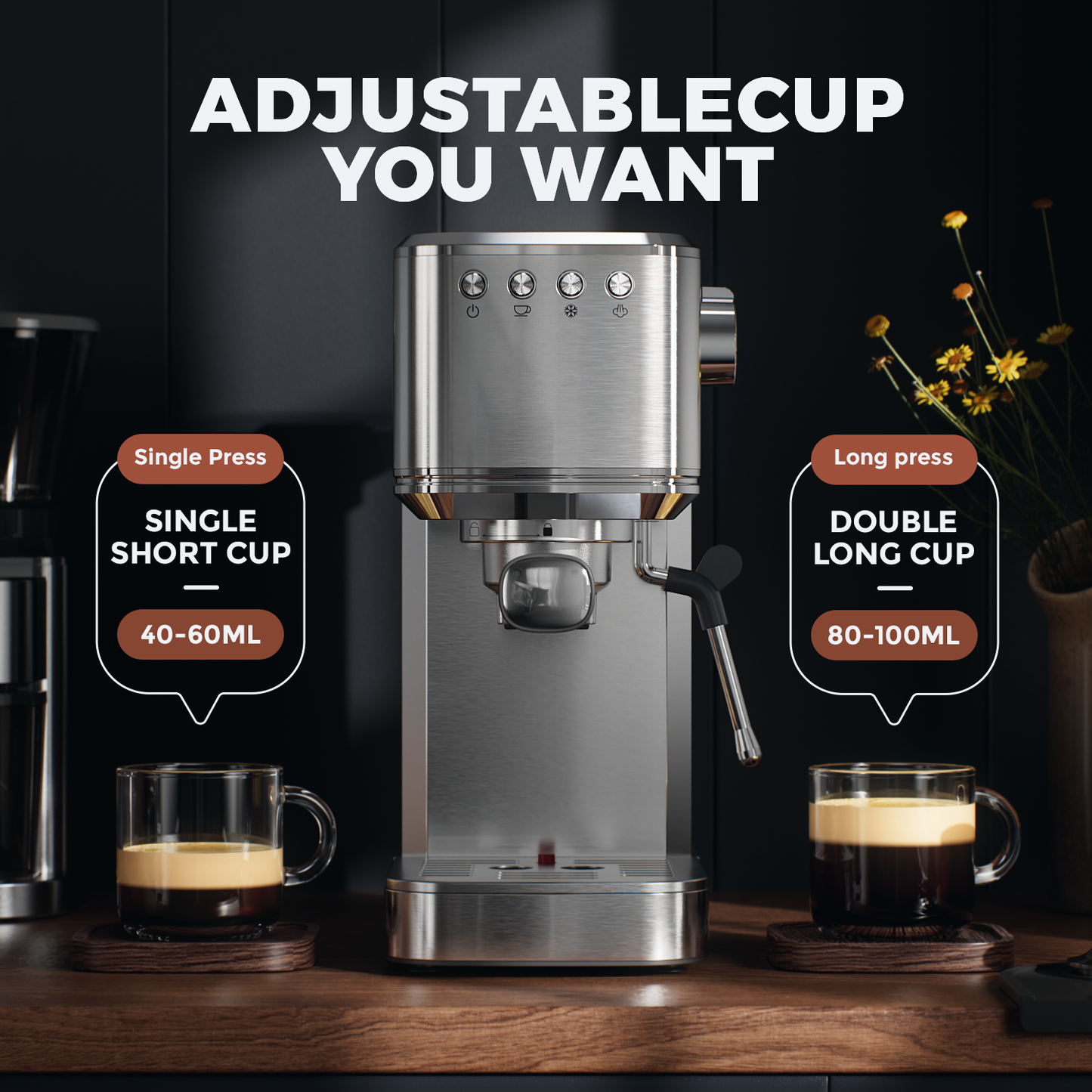 JZ.CAFE Espresso Machine for Hot and Cold Brew with 1350W Milk Frother Steam Wand