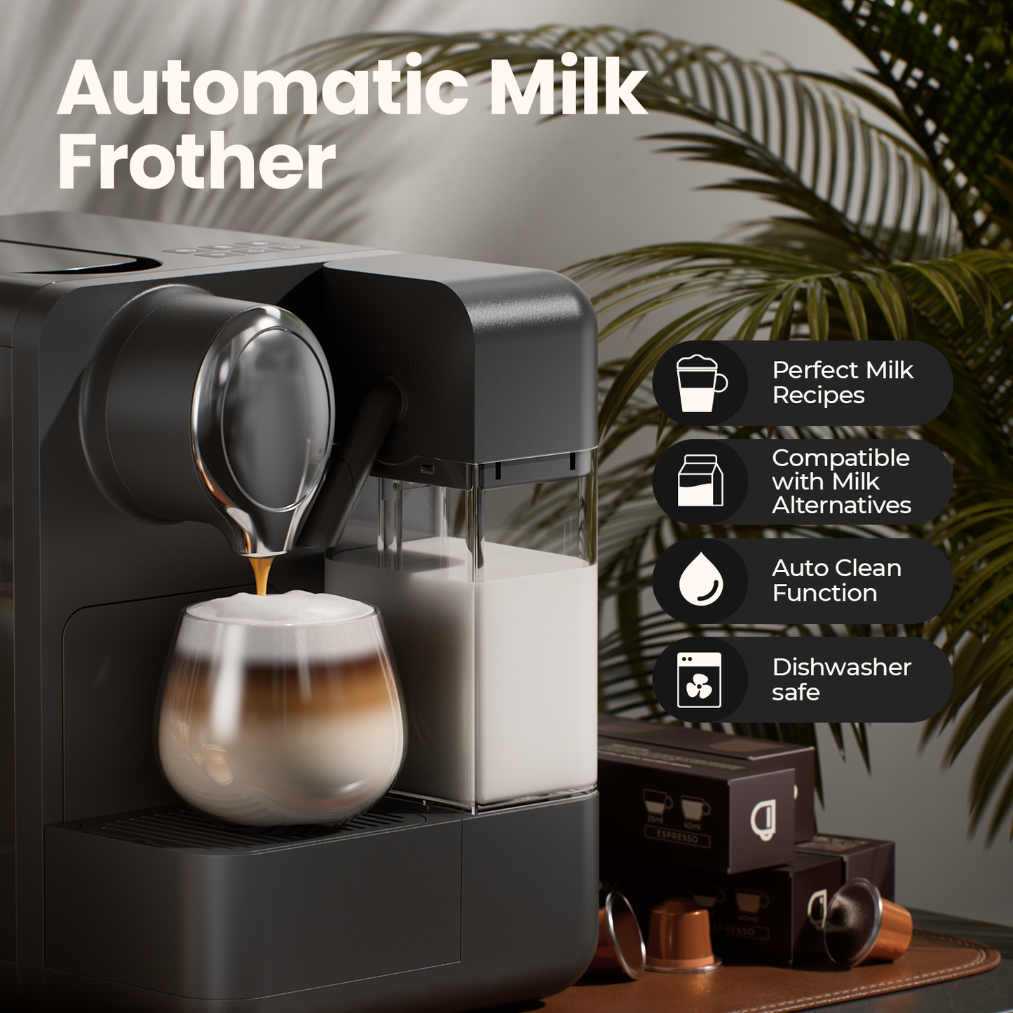 JZ.CAFE Espresso Machine with Integrated Automatic Milk Frother for Nespresso Capsules