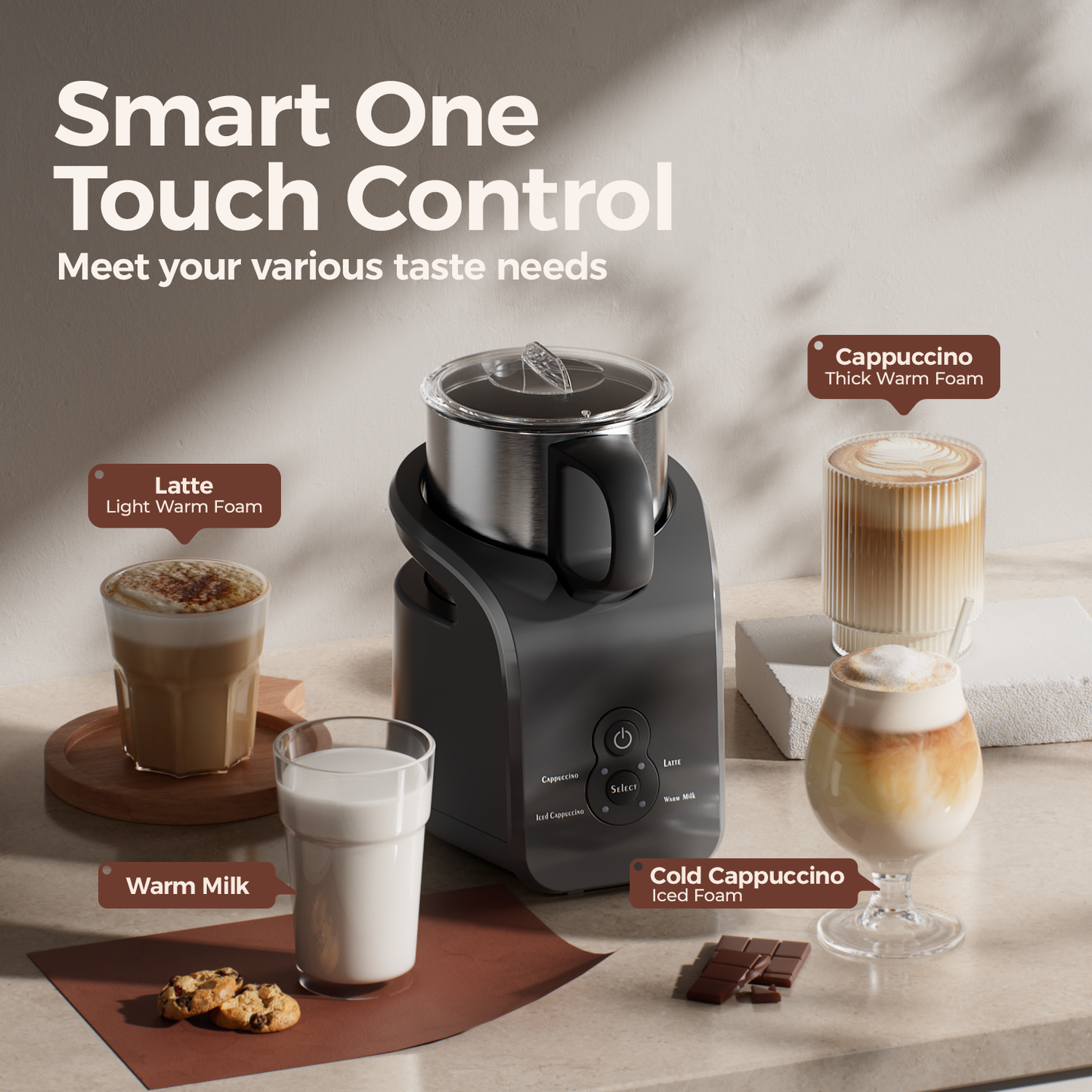 JZ.CAFE Milk Frother - Electric Steamer, 4-in-1 Automatic Warm and Cold Cappuccino Foam Maker, 12.5oz Milk Warmer for Latte, Macchiato, Stainless Steel