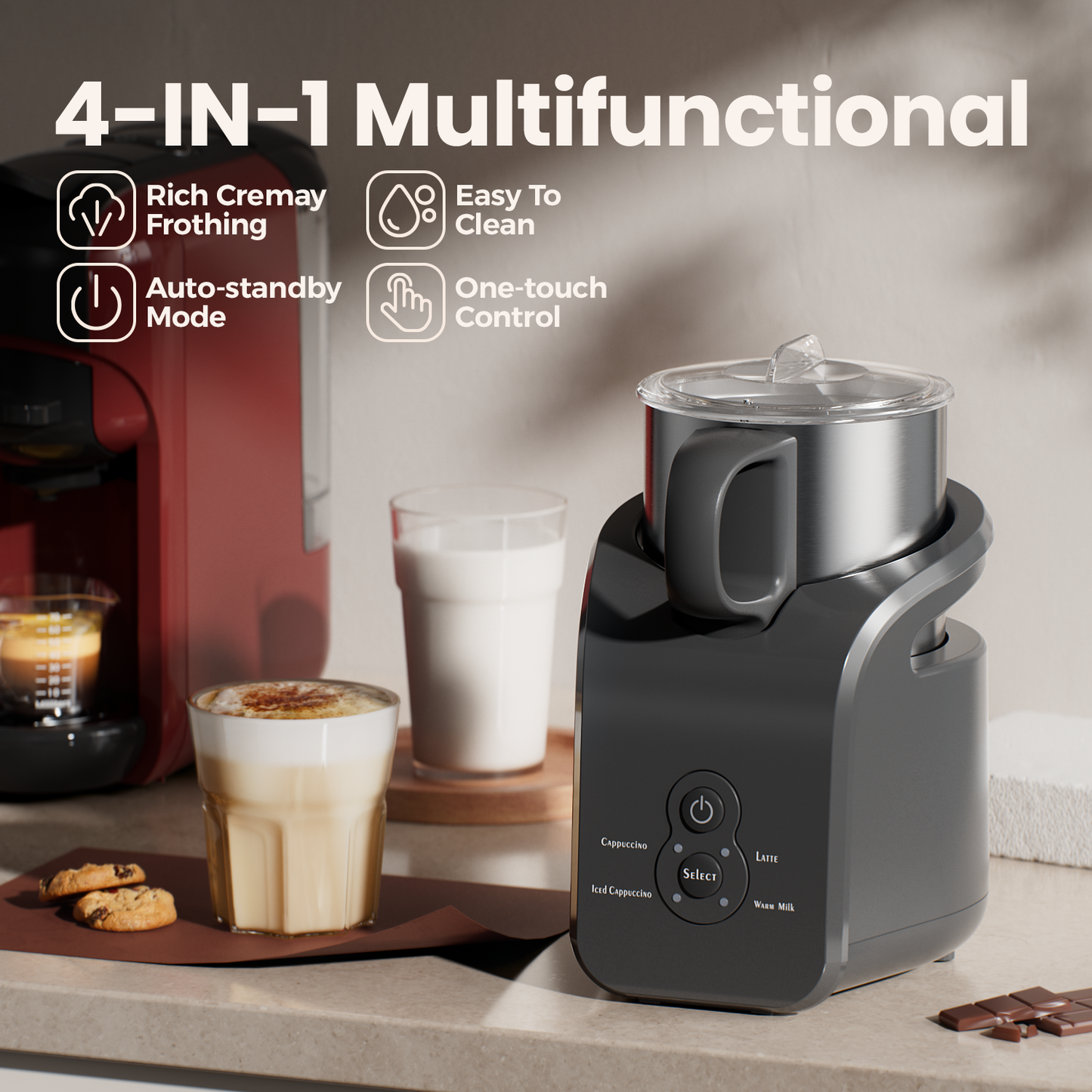 JZ.CAFE Milk Frother - Electric Steamer, 4-in-1 Automatic Warm and Cold Cappuccino Foam Maker, 12.5oz Milk Warmer for Latte, Macchiato, Stainless Steel