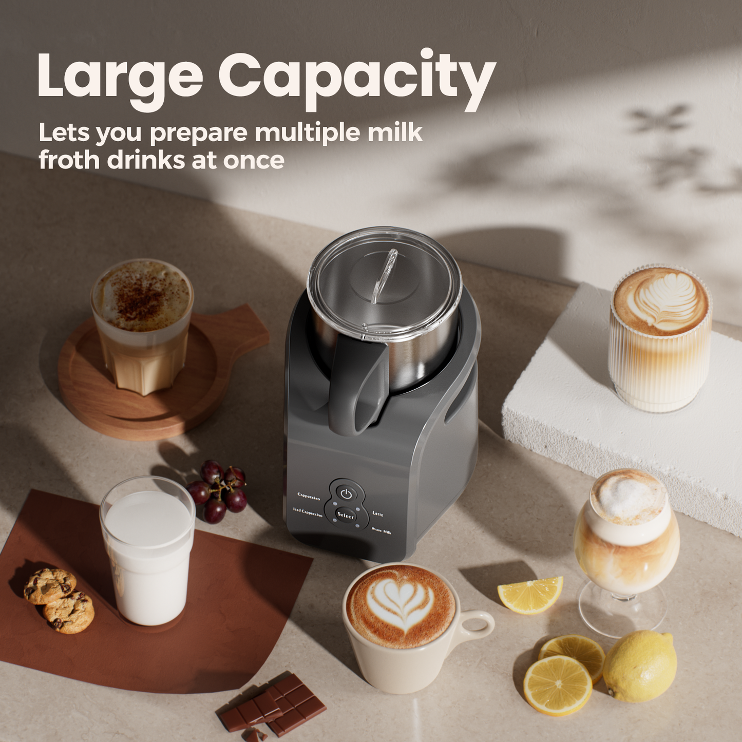 JZ.CAFE Milk Frother - Electric Steamer, 4-in-1 Automatic Warm and Cold Cappuccino Foam Maker, 12.5oz Milk Warmer for Latte, Macchiato, Stainless Steel