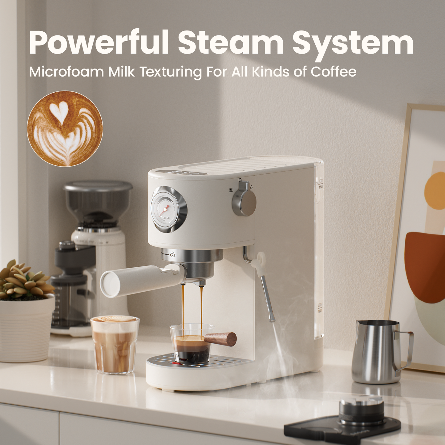 JZ.CAFE Espresso Machine with Milk Frother Steam Wand, 37oz Water Tank, Touch Screen & Pressure Gauge | White