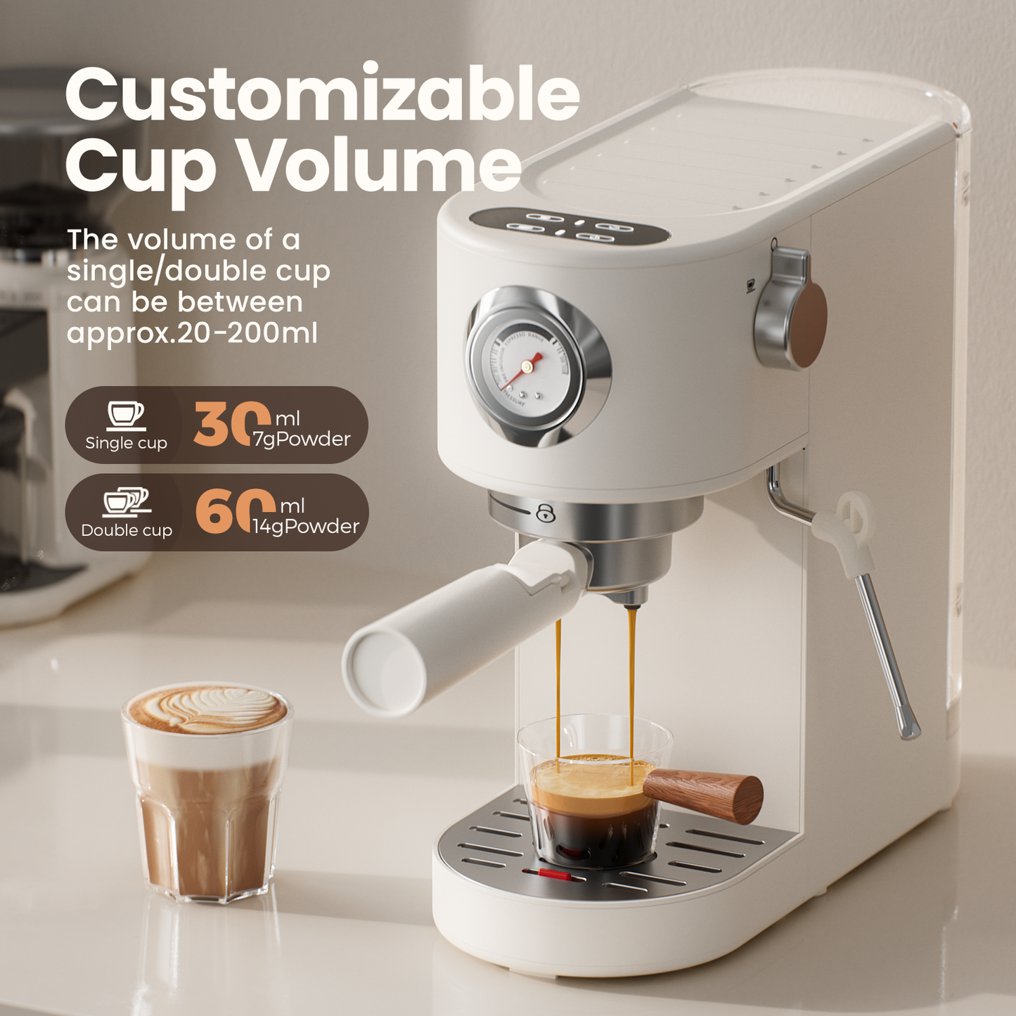 JZ.CAFE Espresso Machine with Milk Frother Steam Wand, 37oz Water Tank, Touch Screen & Pressure Gauge | White