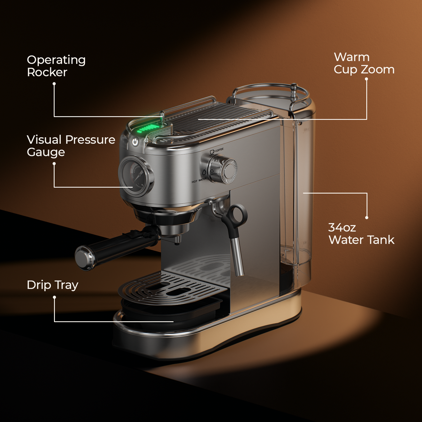 JZ.CAFE 1450W Semi-Automatic Espresso Machine with 34oz Removable Water Tank, Industrial Style Design